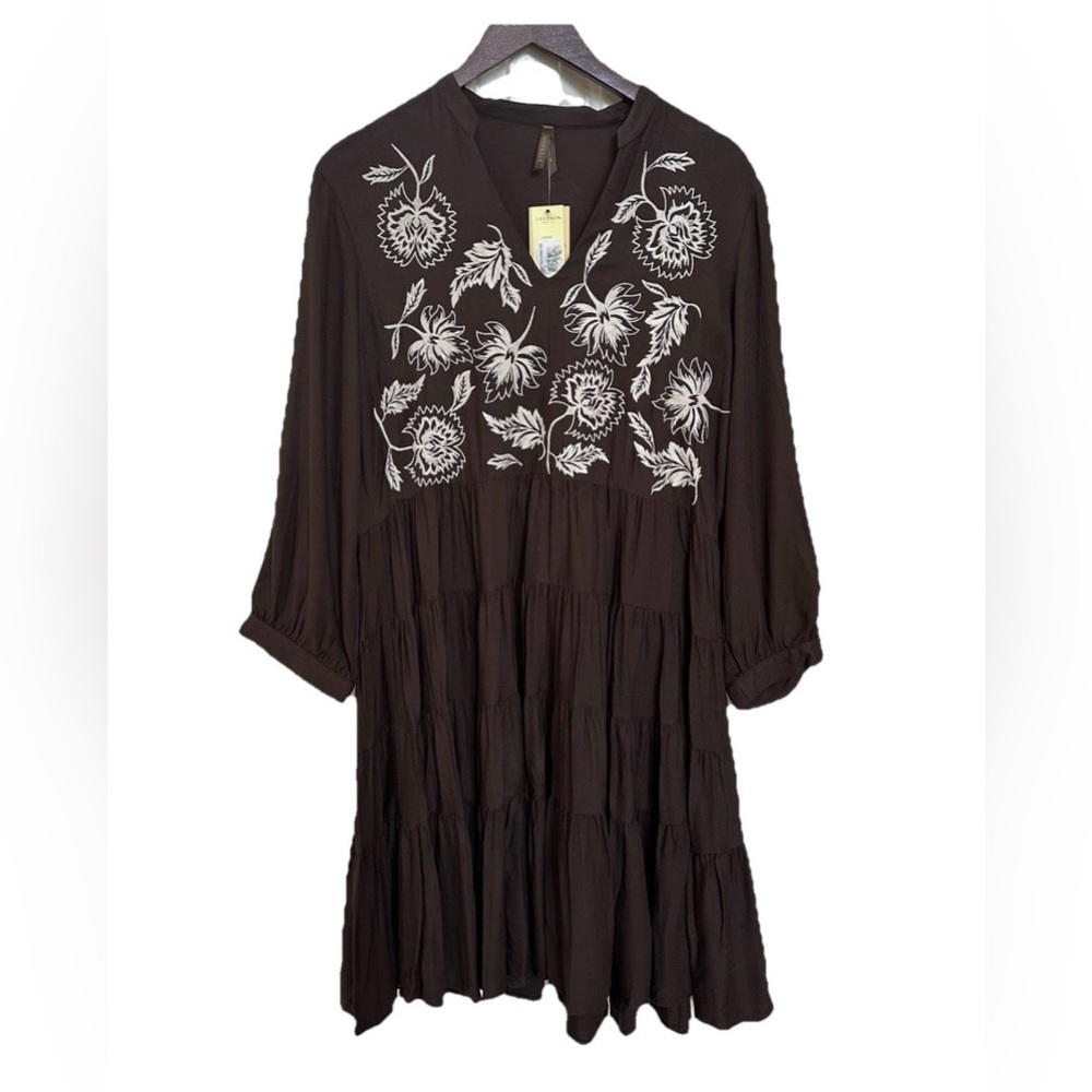 Stetson Brown Tiered Mini Dress with White Floral Embroidery
